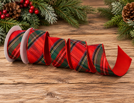 Regency Red Green Plaid Dupioni Ribbon | Diagonal Cut Wired Ribbon | 2.5" x 5yd-MTX69495 Regency International