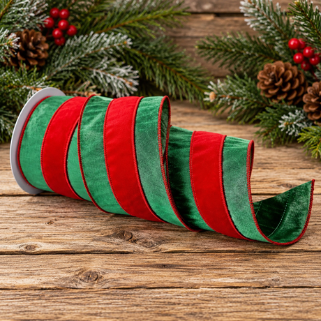 Regency Red Green Velvet Stripe Ribbon | Dupioni Wired Ribbon | 4" x 10yd-MTX60185 Regency International