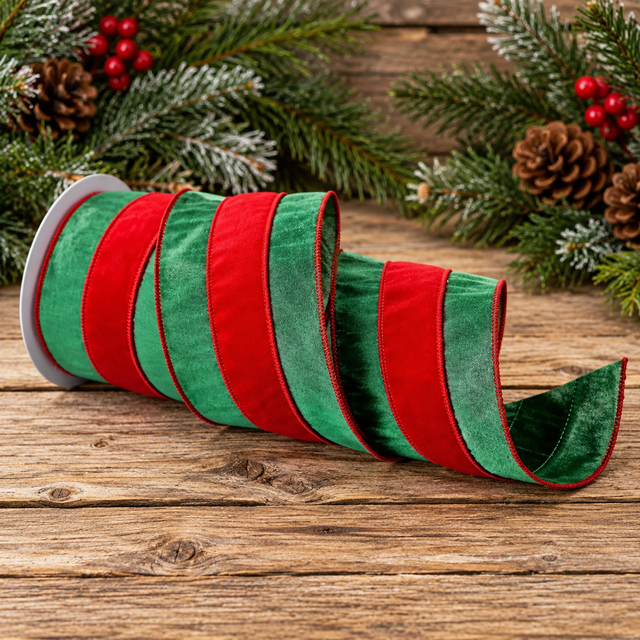 Regency Red Green Velvet Stripe Ribbon | Dupioni Wired Ribbon | 4" x 10yd-MTX60185 Regency International