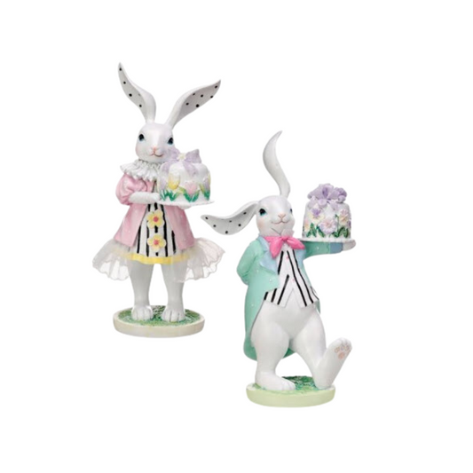 Set of 9" Resin Bunnies with Mini Cake - Boy and Girl - White & Pastel Easter Decor - Spring table decorations (MT25740) Regency
