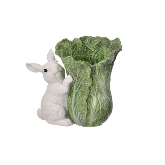 Resin Bunny with Cabbage Pot Decor 7.5 Inch