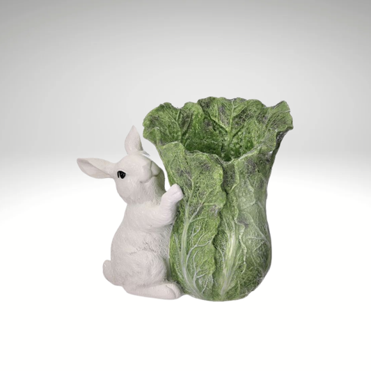 Resin Bunny with Cabbage Pot Decor 7.5 Inch