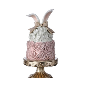 13.5" Resin Bunny Ear Cake on Pedestal | Faux Pink & Gold Easter Centerpiece-MT26072