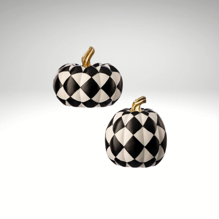 Set of 2 Regency Harlequin Resin Pumpkins – Black & White Checkered Fall Decor, 6–6.5 Inch Regency