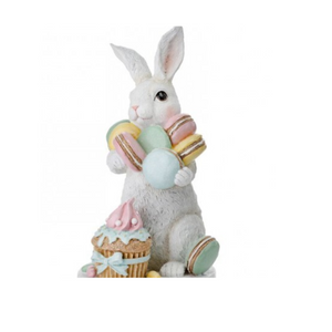 9.5" Resin Easter Bunny with Macarons & Cupcake | Pastel Spring Decoration-MT23707