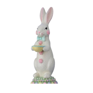 18" Resin Sugared Bunny on Pedestal | Pastel Easter Figurine for Mantel & Tabletop