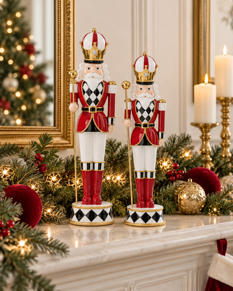 Red White and Black Harlequin Nutcrackers | Set of 2 Resin Christmas Nutcrackers | 14.5" and 19.25"-56411A K & K Interiors