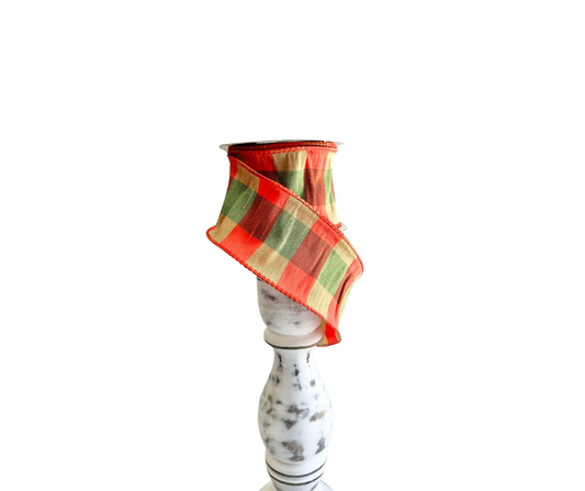 Fall Plaid Dupioni Wired Ribbon Roll 2.5x10yd - Orange/Green Autumn Crafting Ribbon TCT Crafts