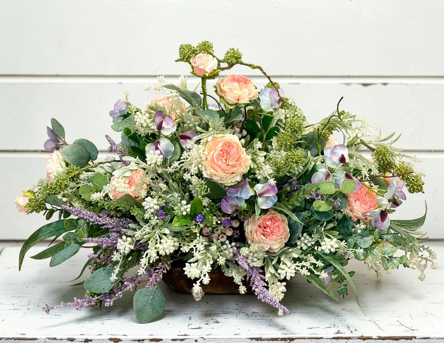 Romantic Pink Purple Floral Arrangement in Wooden Dough Bowl TCT Crafts