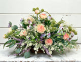 Romantic Pink Purple Floral Arrangement in Wooden Dough Bowl TCT Crafts