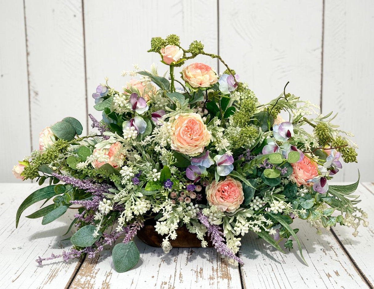 Romantic Pink Purple Floral Arrangement in Wooden Dough Bowl TCT Crafts