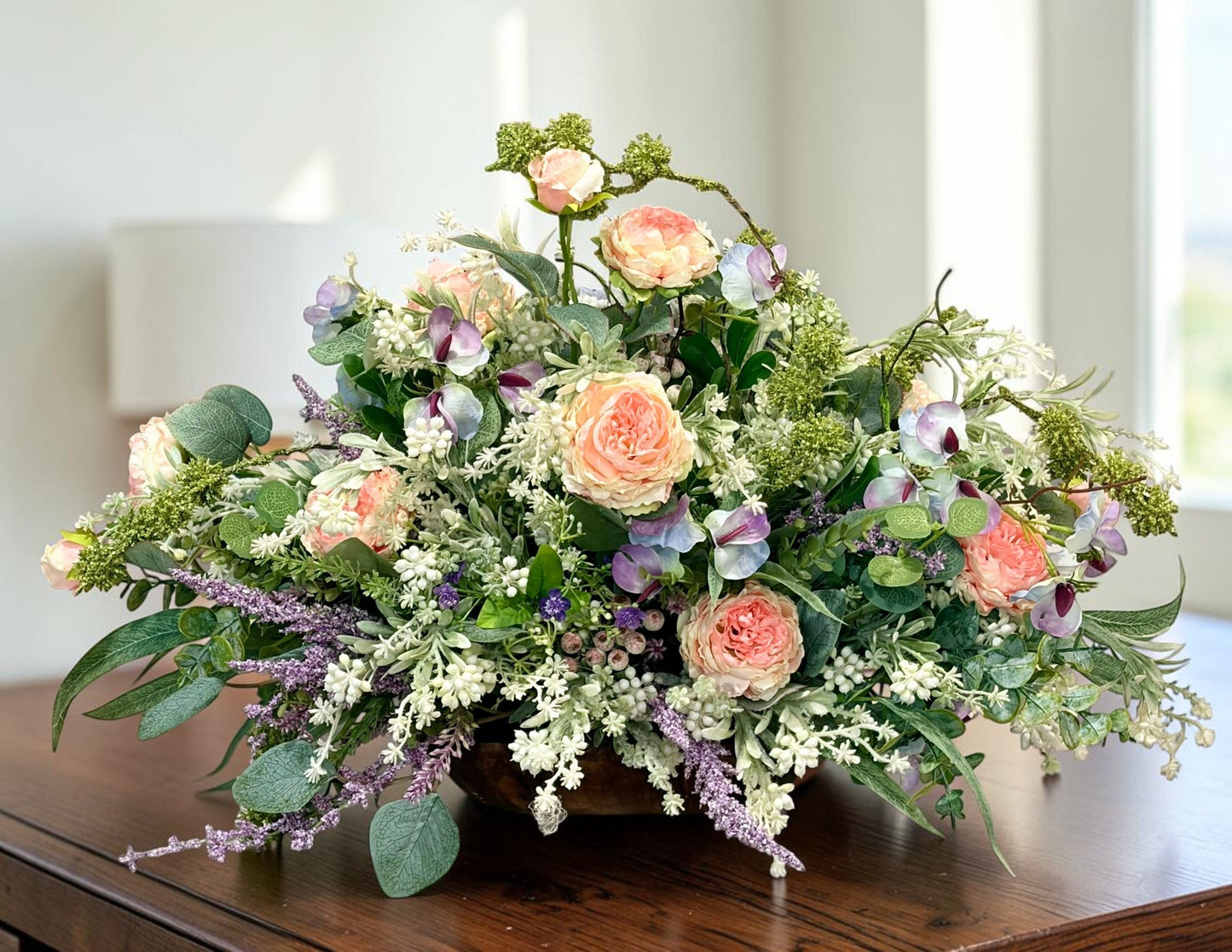 Romantic Pink Purple Floral Arrangement in Wooden Dough Bowl TCT Crafts