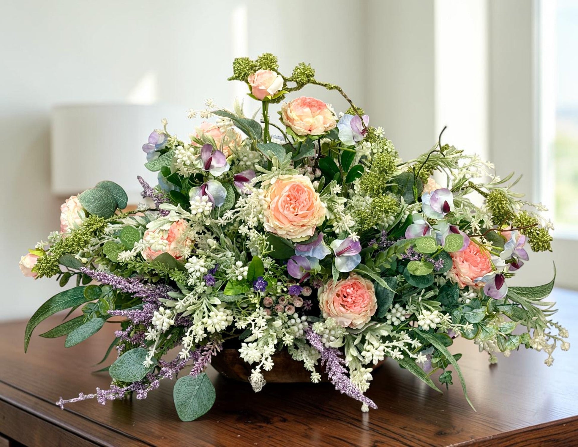 Romantic Pink Purple Floral Arrangement in Wooden Dough Bowl TCT Crafts