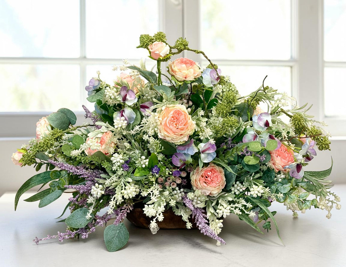 Romantic Pink Purple Floral Arrangement in Wooden Dough Bowl TCT Crafts