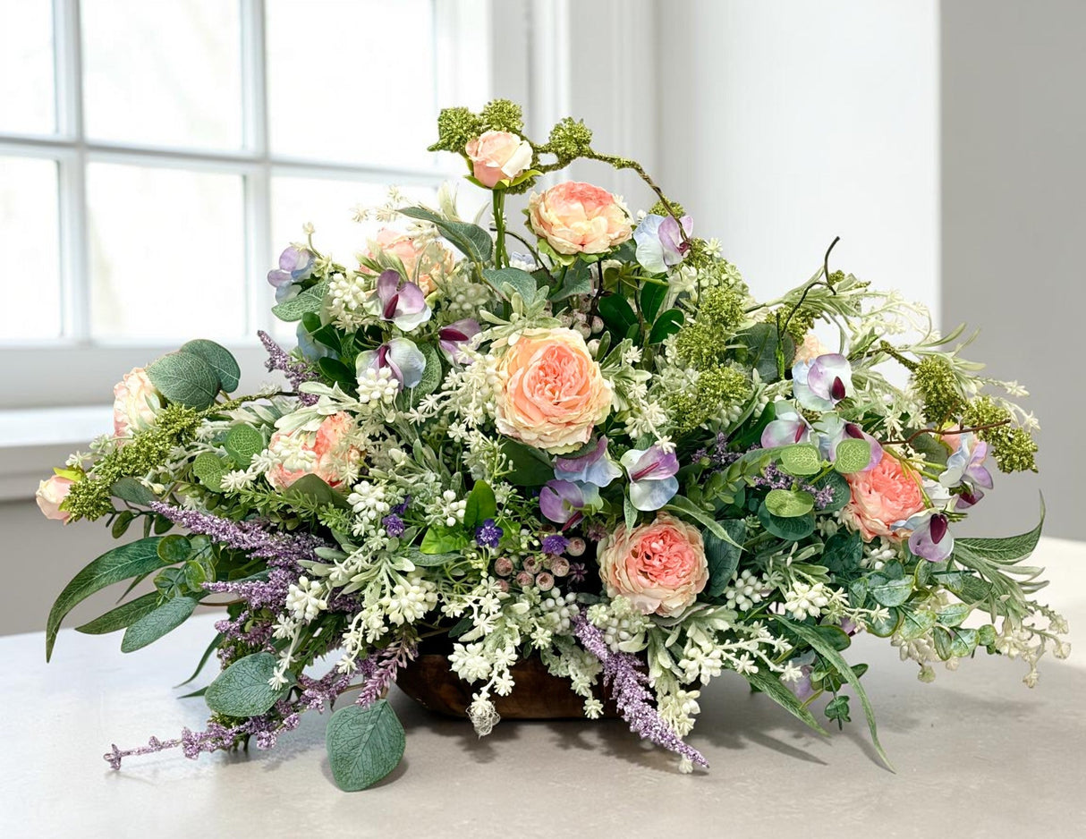 Romantic Pink Purple Floral Arrangement in Wooden Dough Bowl TCT Crafts