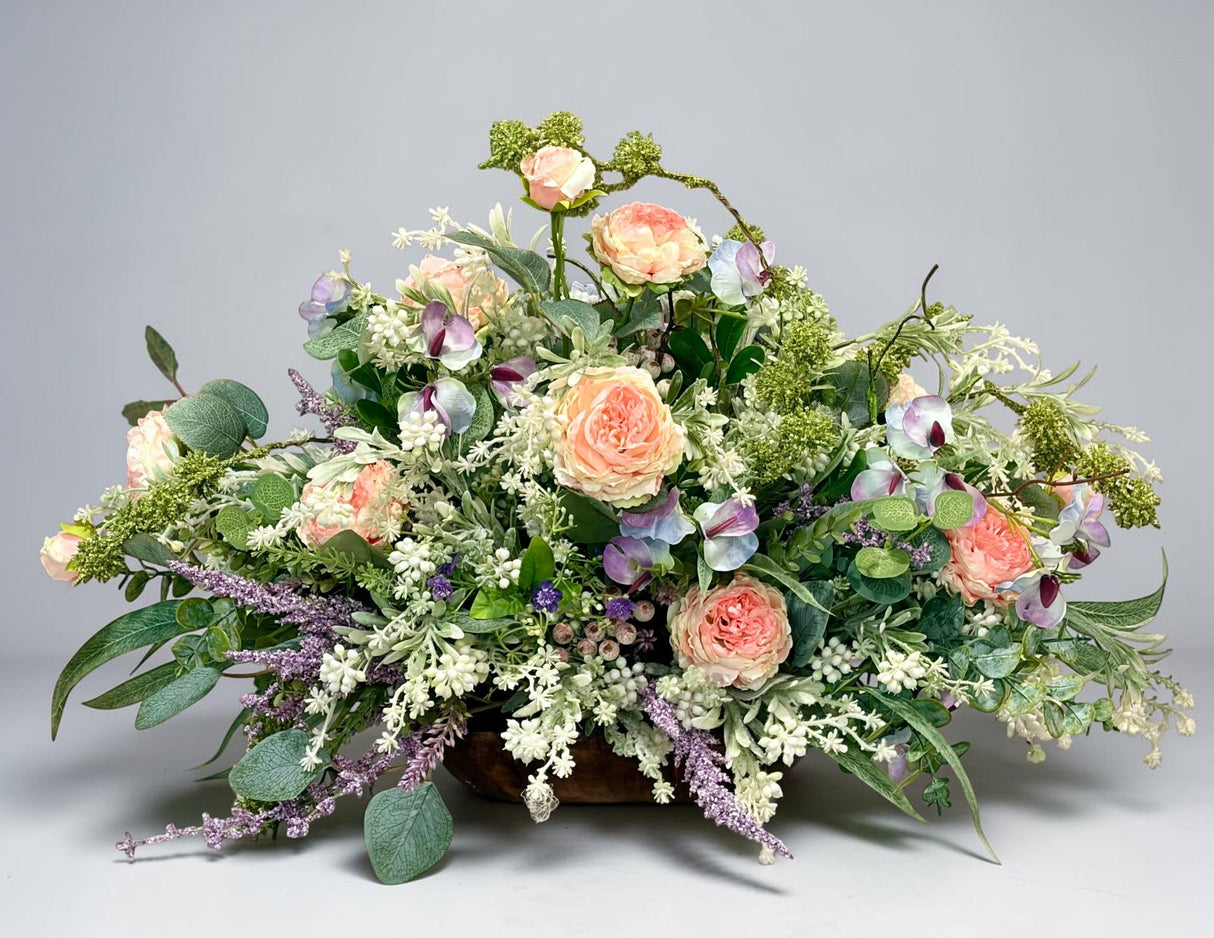 Romantic Pink Purple Floral Arrangement in Wooden Dough Bowl TCT Crafts