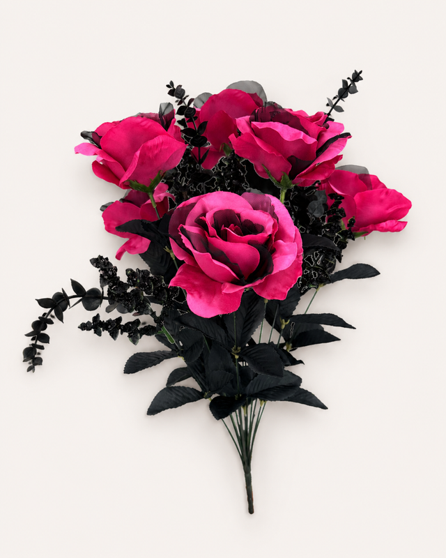 Artificial Pink and Black Rose Eucalyptus Bush — 20 Inch Halloween Wreath Supply-57342HTPK Liberty Floral