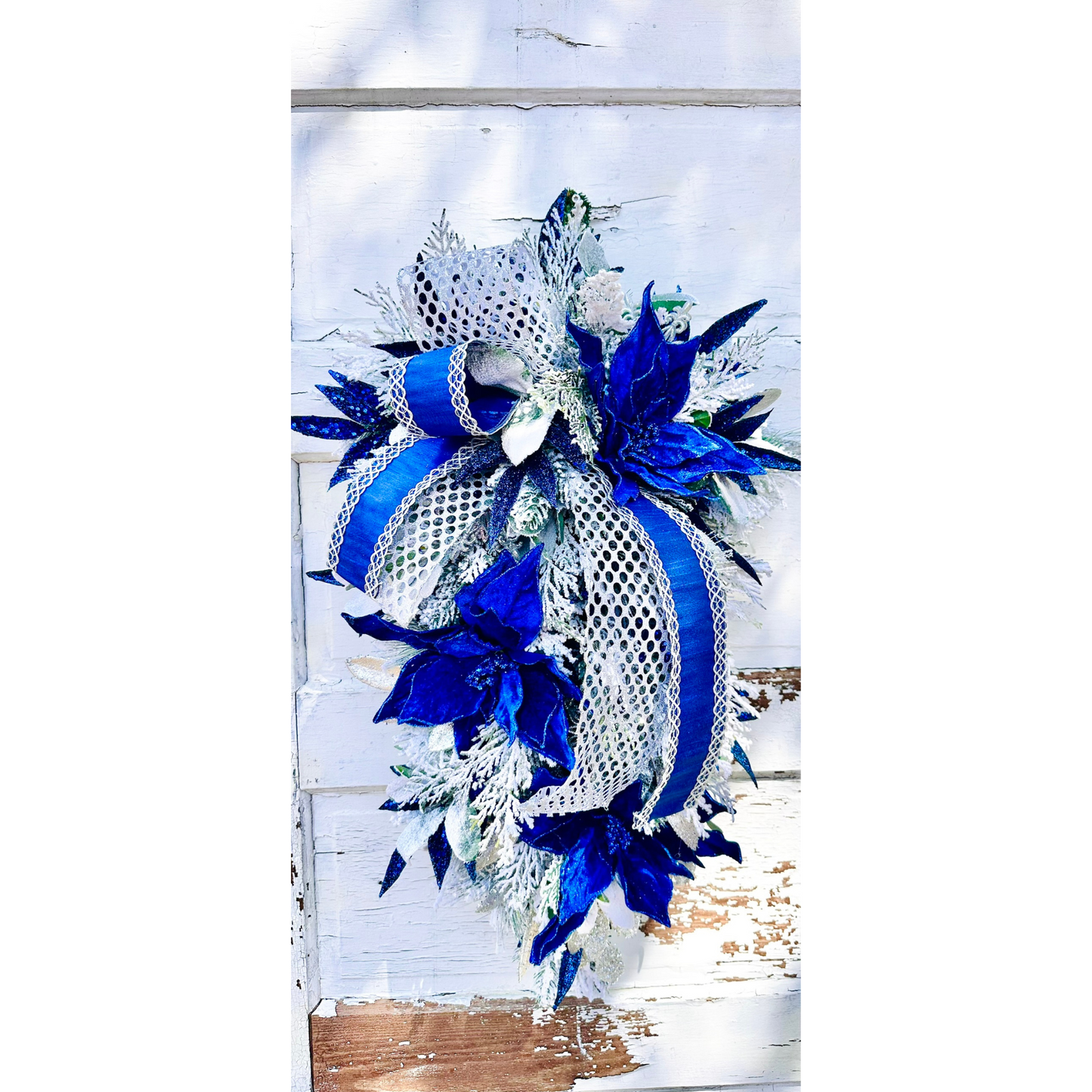 Royal Blue & Silver Christmas or Hanukkah Swag | Velvet Poinsettia Winter Door Decoration TCT Crafts