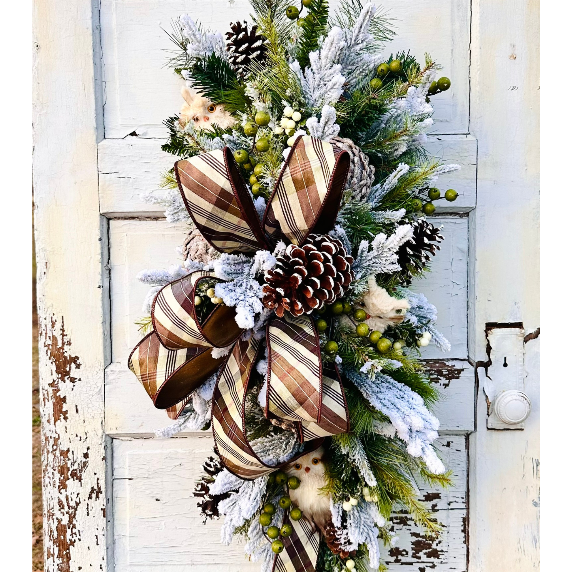 Rustic Owl Winter Swag | Woodland Christmas Door Decor | Pinecone Flocked Greenery TCT Crafts