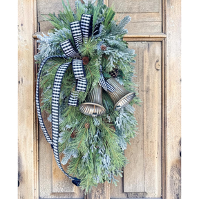 Farmhouse Buffalo Check Winter Swag with Bells | Rustic Christmas Door Decor | Large Greenery Holiday Swag 34"x16 TCT Crafts