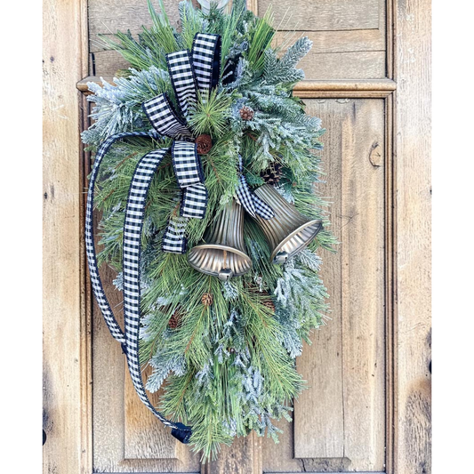 Farmhouse Buffalo Check Winter Swag with Bells | Rustic Christmas Door Decor | Large Greenery Holiday Swag 34"x16 TCT Crafts