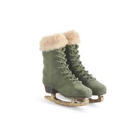 Sage Green Velvet Ice Skates with Vegan Fur Trim | Vintage Christmas Skate Decor | 7"-55202A K & K Interiors