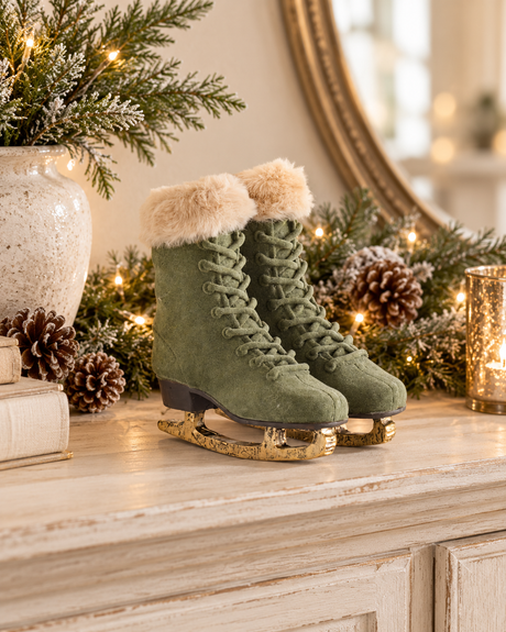 Sage Green Velvet Ice Skates with Vegan Fur Trim | Vintage Christmas Skate Decor | 7"-55202A K & K Interiors