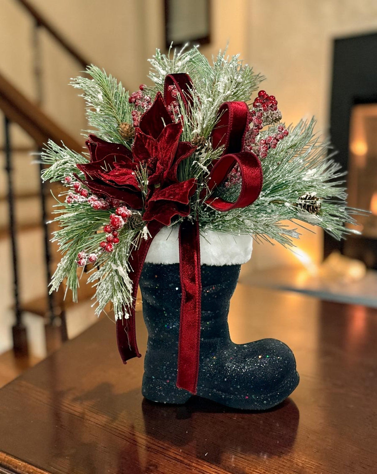 Burgundy Poinsettia Pine Santa Boot Arrangement – 20" Elegant Holiday Floral Decor TCT Crafts