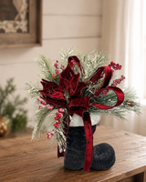 Burgundy Poinsettia Pine Santa Boot Arrangement – 20" Elegant Holiday Floral Decor TCT Crafts
