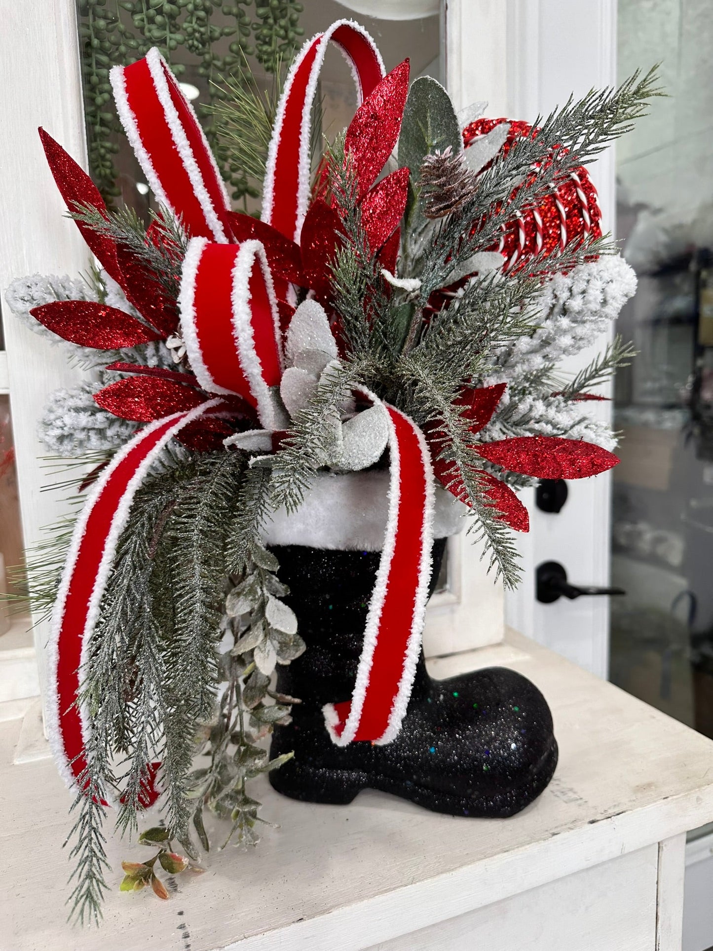 Festive Santa Boot Christmas Centerpiece | 25" x 16" Holiday Arrangement with Artificial Pine, Lollipops, and Glitter Accents