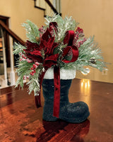 Burgundy Poinsettia Pine Santa Boot Arrangement – 20" Elegant Holiday Floral Decor TCT Crafts