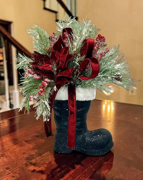 Burgundy Poinsettia Pine Santa Boot Arrangement – 20" Elegant Holiday Floral Decor TCT Crafts