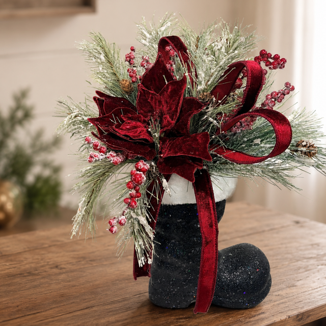 Burgundy Poinsettia Pine Santa Boot Arrangement – 20" Elegant Holiday Floral Decor TCT Crafts