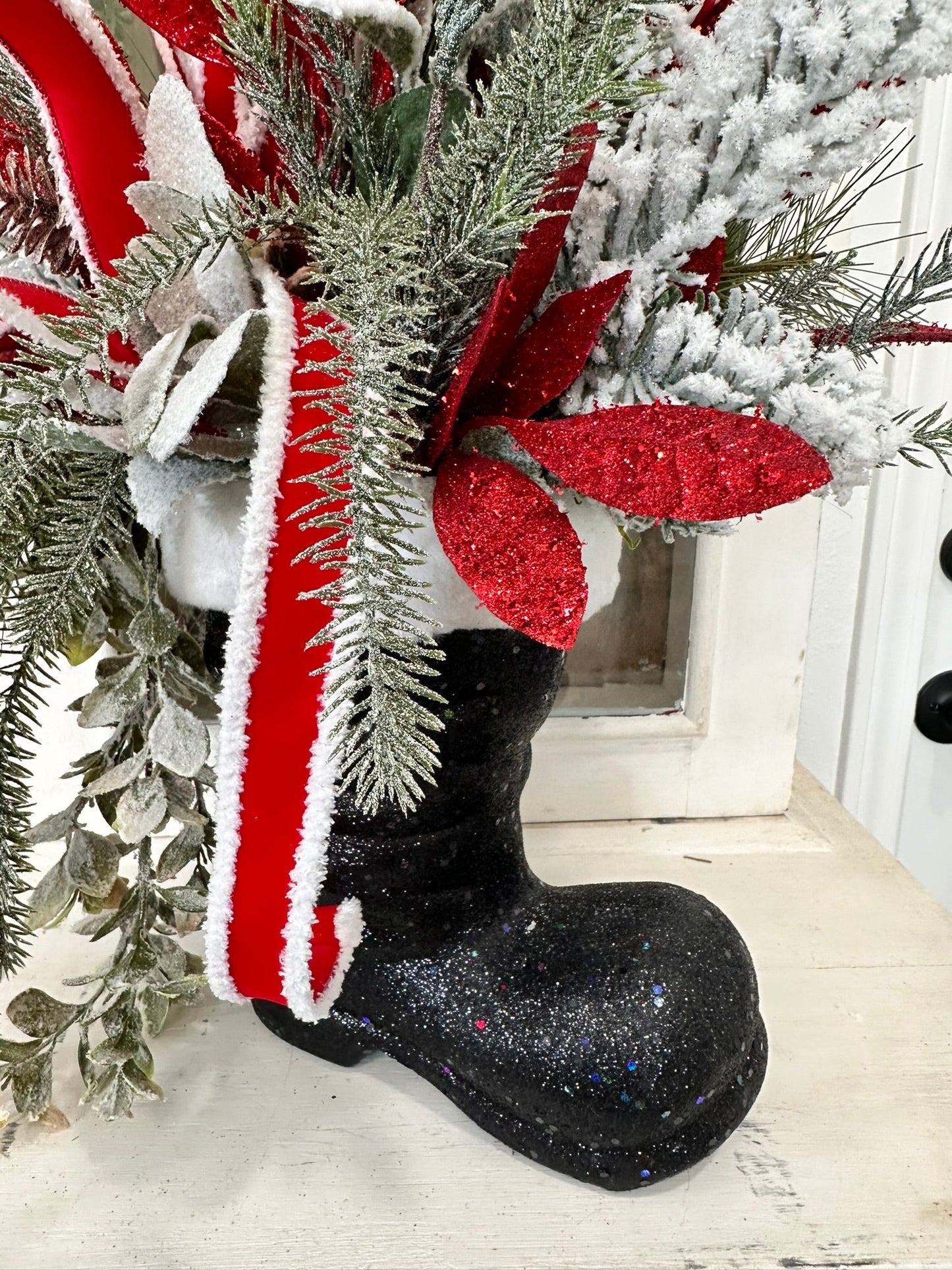 Festive Santa Boot Christmas Centerpiece | 25" x 16" Holiday Arrangement with Artificial Pine, Lollipops, and Glitter Accents