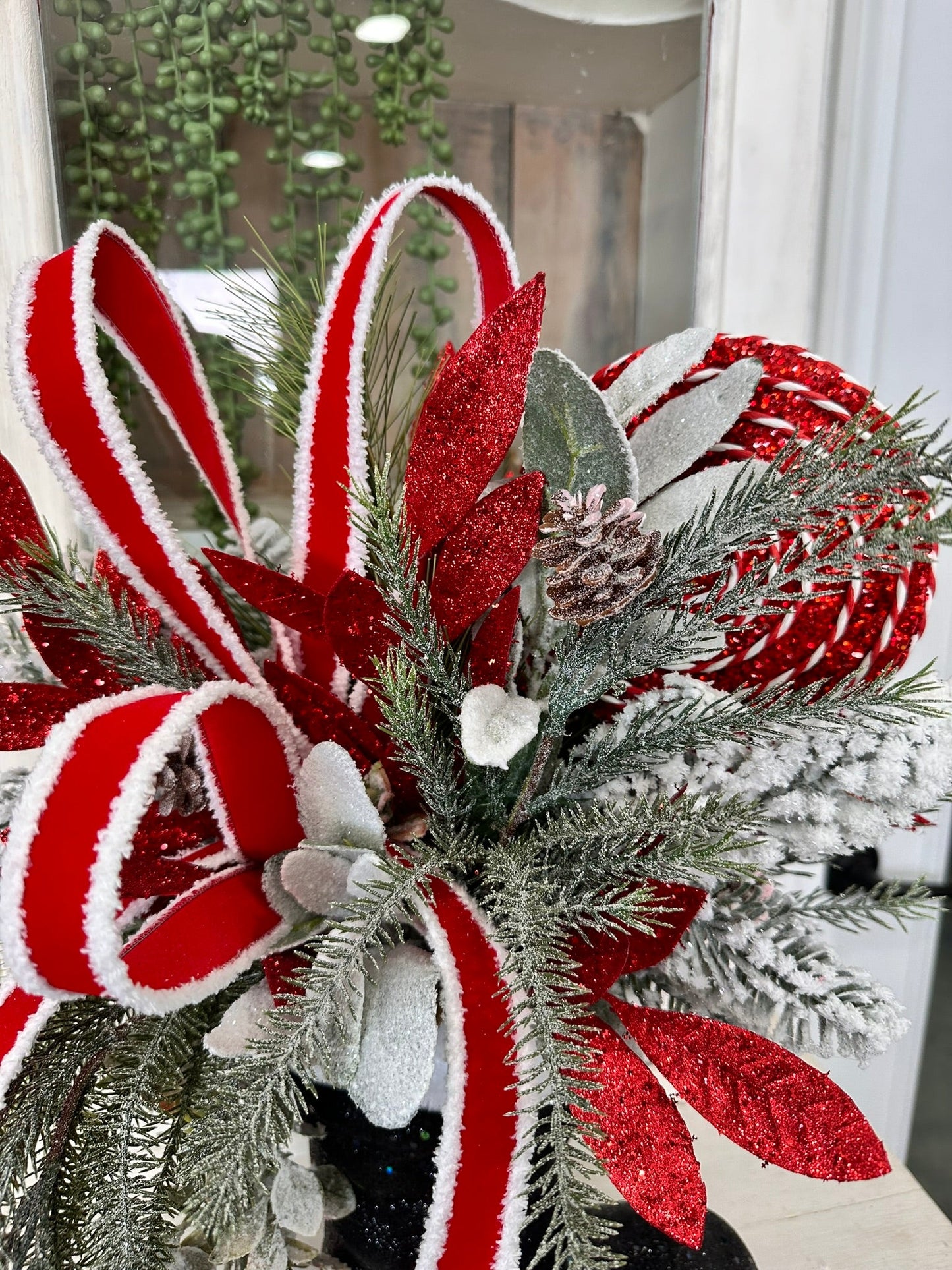 Festive Santa Boot Christmas Centerpiece | 25" x 16" Holiday Arrangement with Artificial Pine, Lollipops, and Glitter Accents