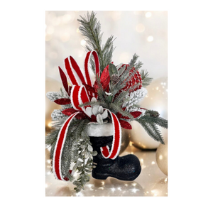 Festive Santa Boot Christmas Centerpiece | 25" x 16" Holiday Arrangement with Artificial Pine, Lollipops, and Glitter Accents