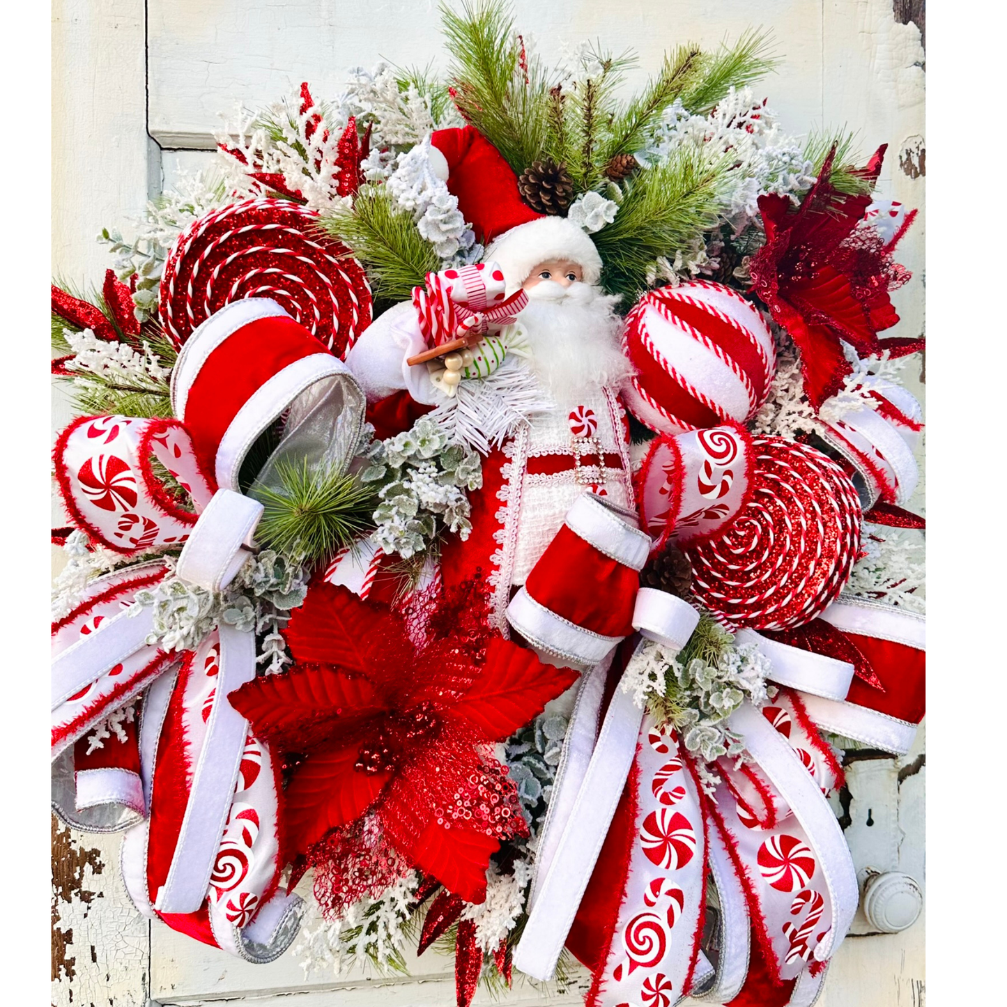 Santa Sweets Christmas Wreath | Red & White Candy Cane Santa Holiday Door Decor TCT Crafts