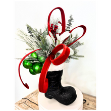 Load image into Gallery viewer, Festive Santa Boot Christmas Centerpiece | 25&quot; x 16&quot; Holiday Arrangement with Artificial Pine &amp; Green Ornament Cluster