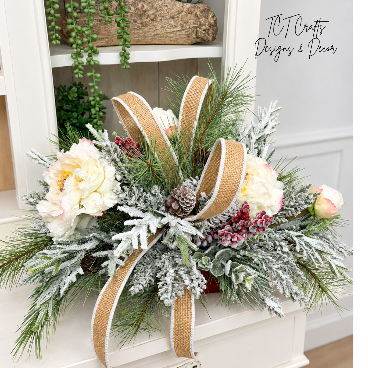 Rustic Glam Christmas Arrangement with Snowy Peonies & Burlap Ribbon TCT Crafts