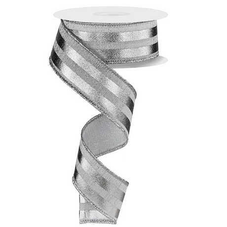 Silver Metallic Stripe Ribbon | Wired Metallic Christmas Ribbon | 1.5" x 10yd-RGE144626 Craig Bachman