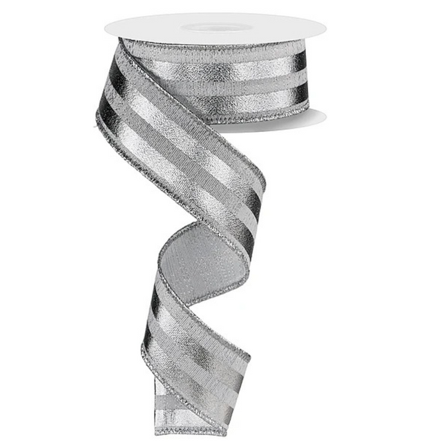 Silver Metallic Stripe Ribbon | Wired Metallic Christmas Ribbon | 1.5" x 10yd-RGE144626 Craig Bachman