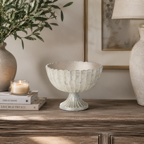 Silver Scalloped Compote Bowl — 8.5 Inch Cast Aluminum Pedestal Floral Container-75756-50 Pioneer Imports