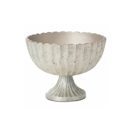 Silver Scalloped Compote Bowl — 8.5 Inch Cast Aluminum Pedestal Floral Container-75756-50 Pioneer Imports
