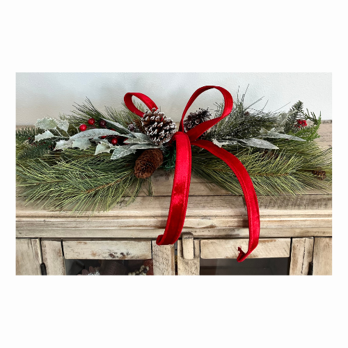 Simple Pine Centerpiece or Door Swag with Red Bow – Classic Christmas Decor