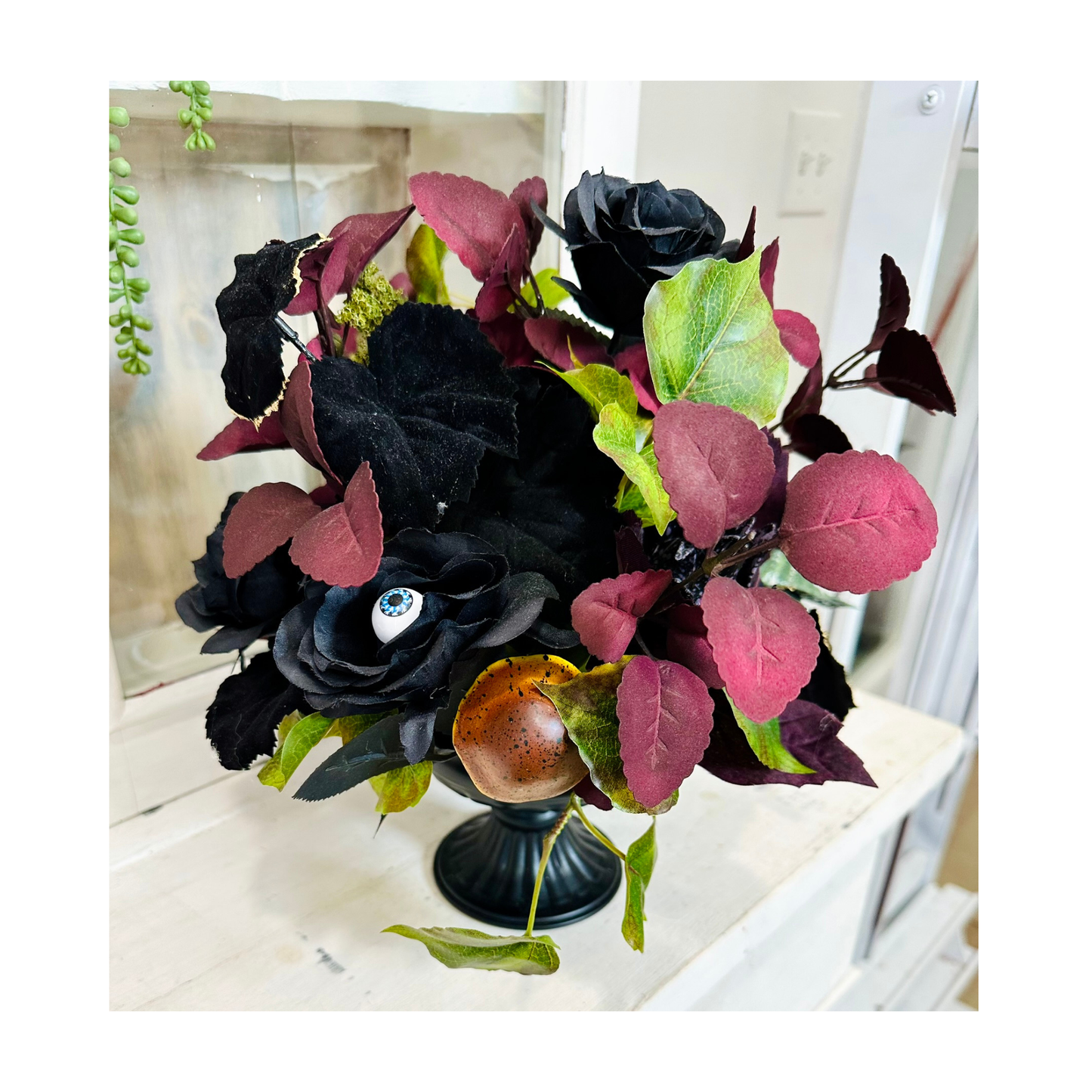 Elegant Halloween Floral Arrangement in Black Compote with Eyeball & Mushroom Accents – 14” TCT Crafts