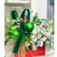 Small Christmas Arrangement in Red Wooden Box – Green Ornaments & Snowy Roses TCT Crafts