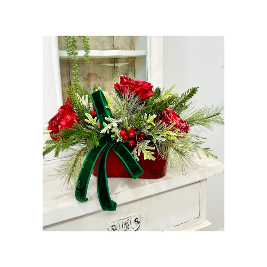 Small Red Green Christmas Floral Arrangement | Snowy Roses & Velvet Ribbon TCT Crafts