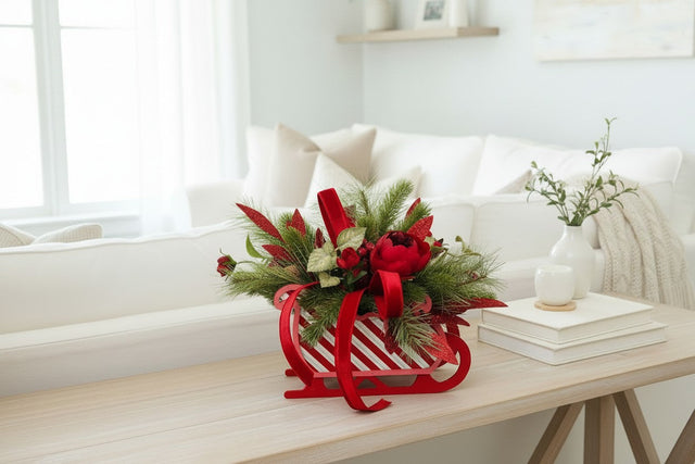 Red Christmas Sleigh Floral Arrangement | Holiday Peony Centerpiece TCT Crafts