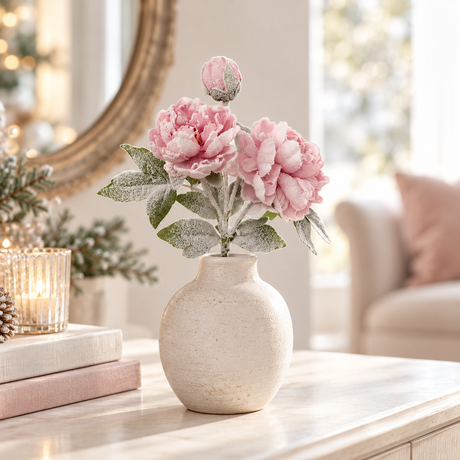Snowy Pink Peony Spray | Frosted Winter Floral Stem | 25.5" Spray-XM14832 Green Import