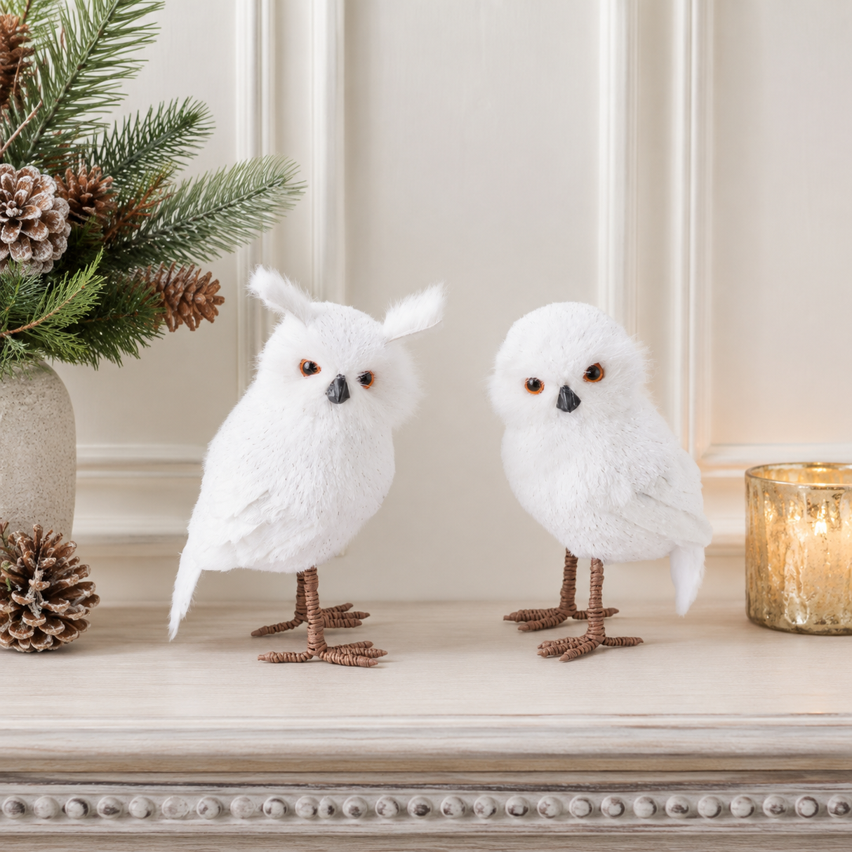 Faux Fur Standing Owl Set | White Silver Woodland Decor | 10"-11.25"H, Set of 2 Craig Bachman